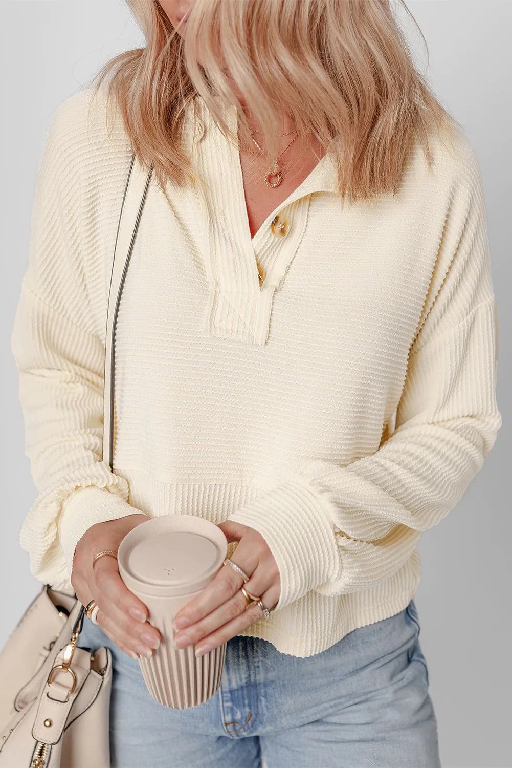image-Apricot Corded Texture Lantern Sleeve Henley Sweatsuit