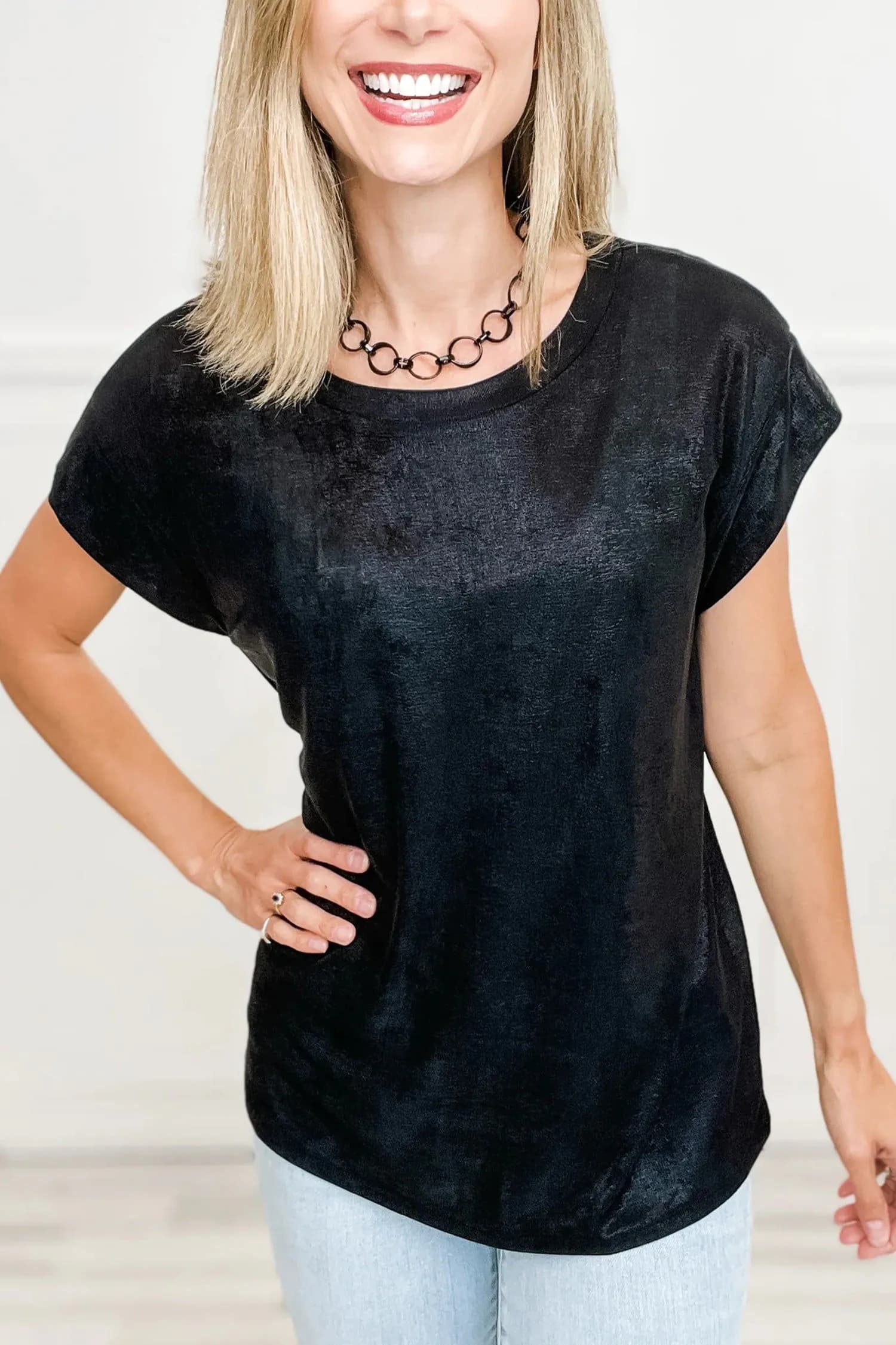 image-Black Metallic Round Neck Cap Sleeve Tee