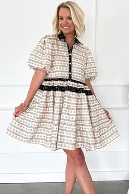 image-Black Boho Floral Striped Bubble Sleeve Dress