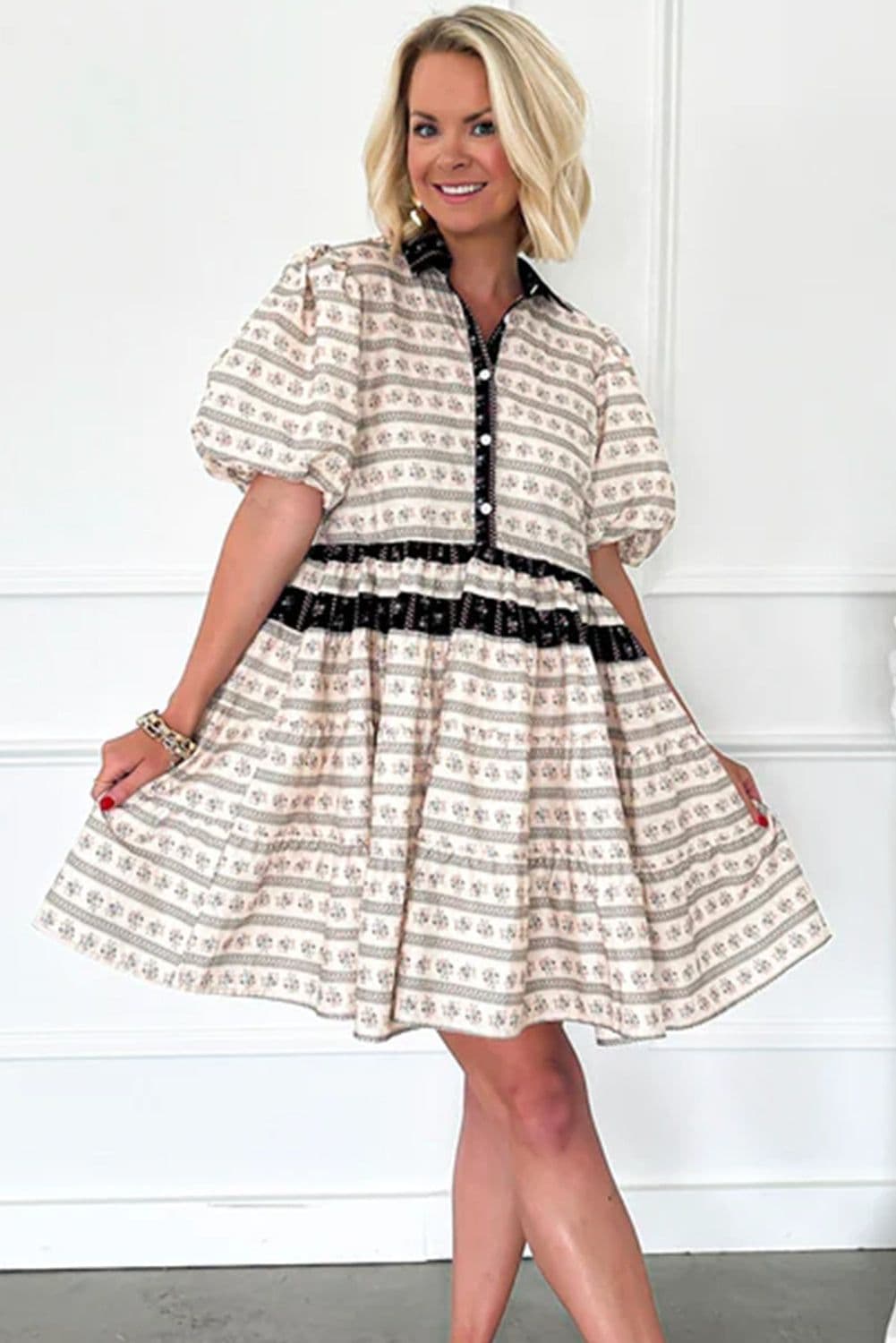 image-Black Boho Floral Striped Bubble Sleeve Dress