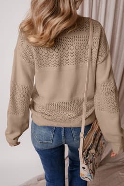 image-Sky Blue V Neck Eyelet Sweater Drop Shoulder