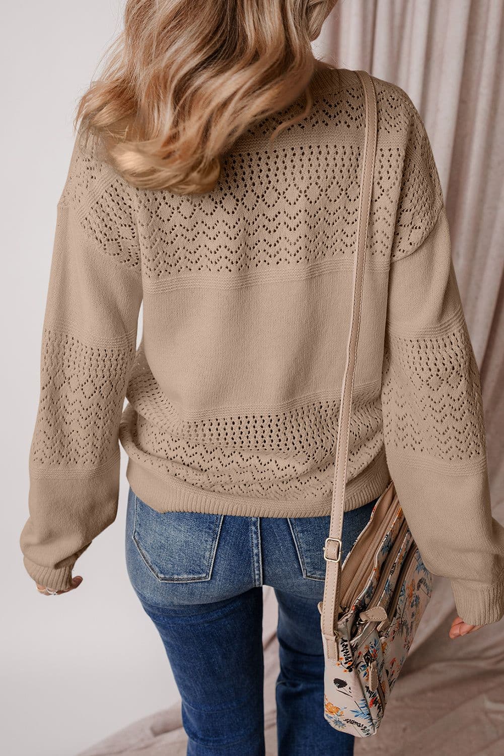 image-Sky Blue V Neck Eyelet Sweater Drop Shoulder
