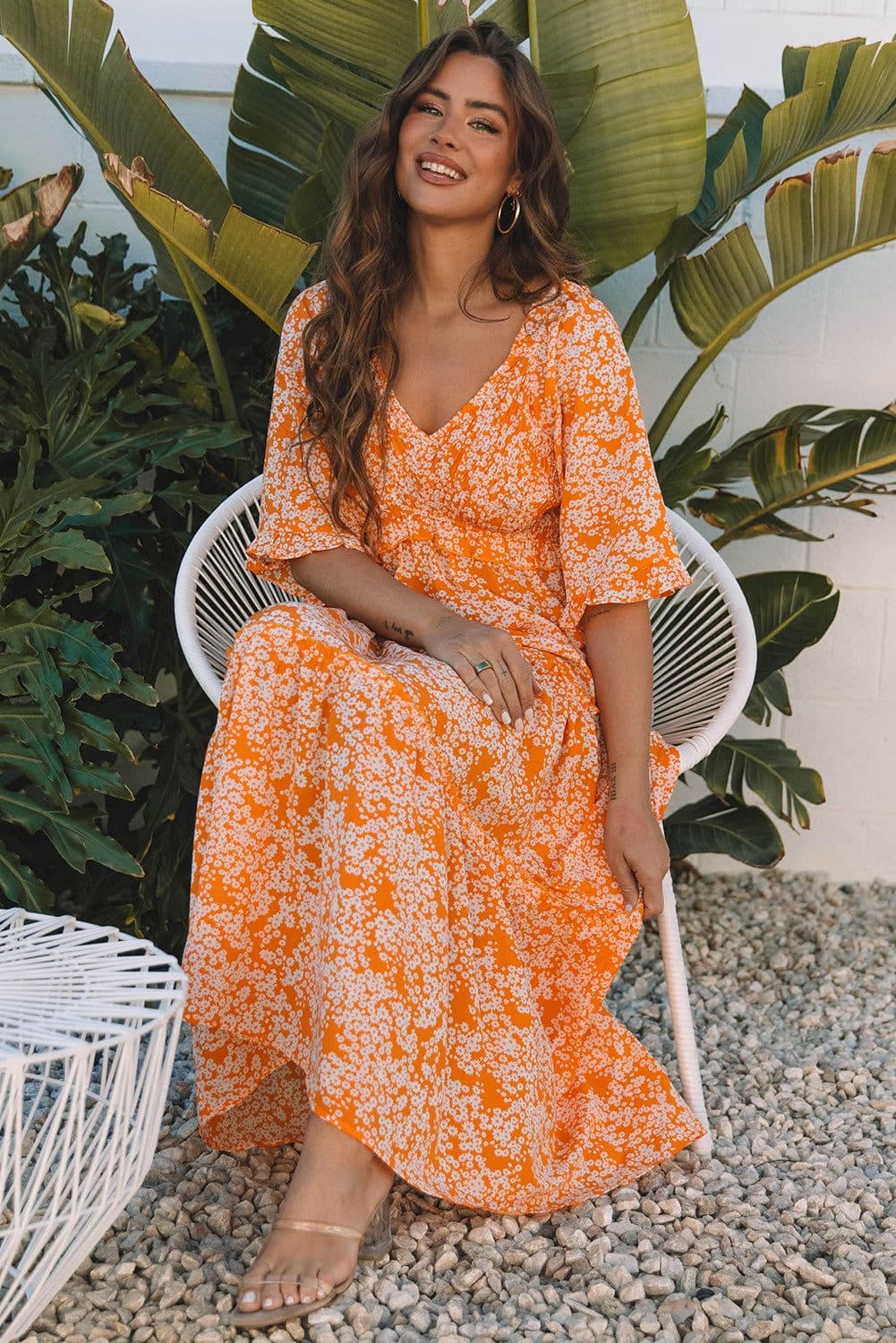 image-Orange Floral Smocked V Neck Maxi Dress Wide Sleeve