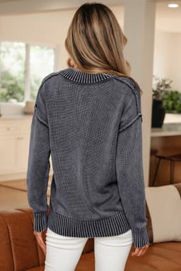 image-Four Leaf Clover Mineral Wash V Neck Knit Exposed Seam Drop Shoulder Loose Sweater
