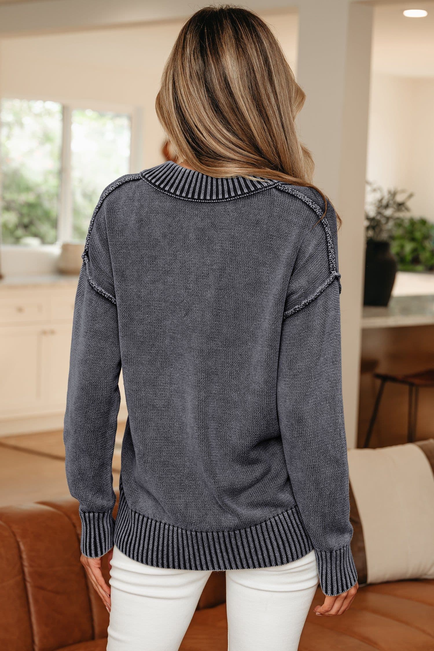 image-Four Leaf Clover Mineral Wash V Neck Knit Exposed Seam Drop Shoulder Loose Sweater