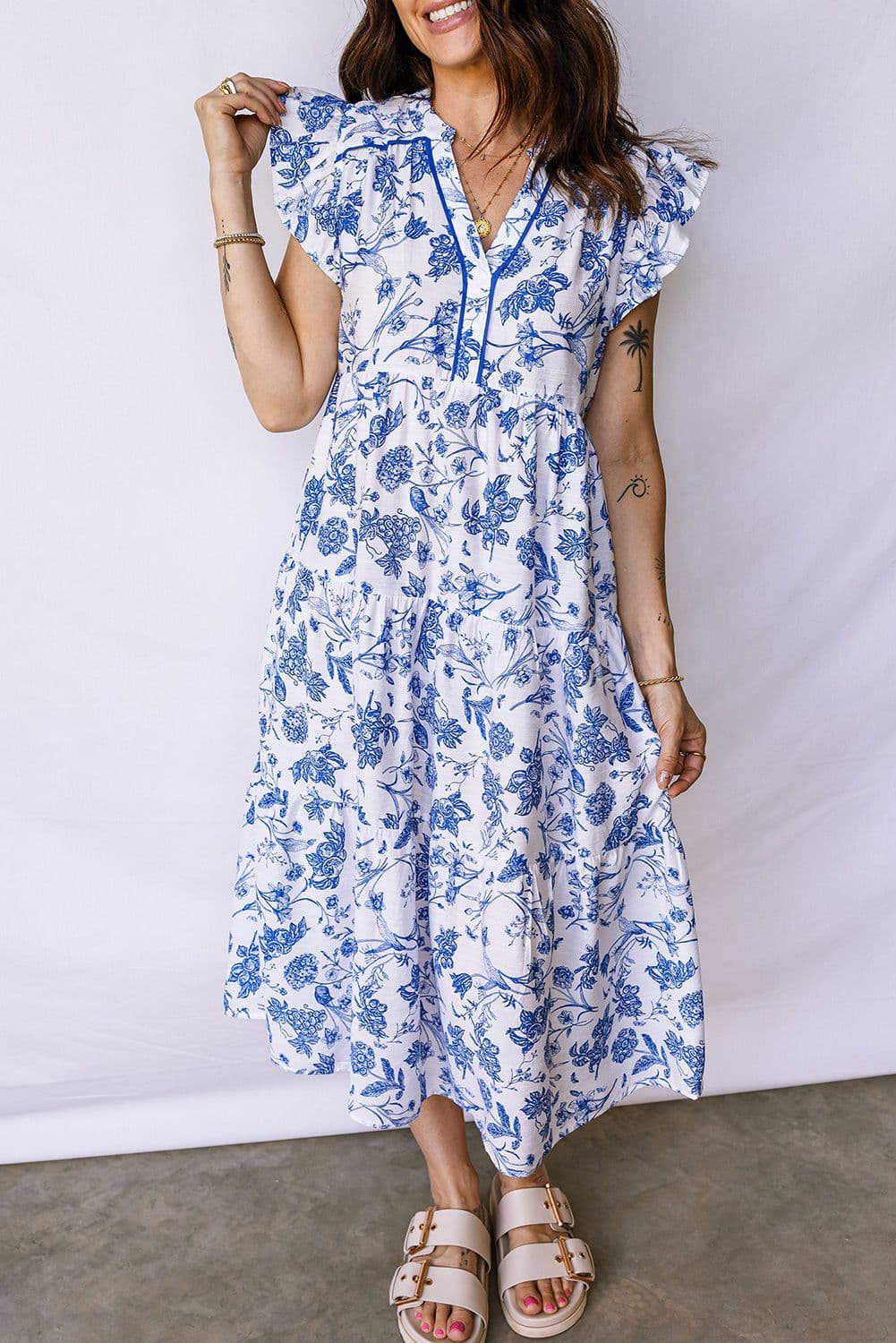 image-Blue Ruffled Short Sleeve Tiered Floral Midi Dress