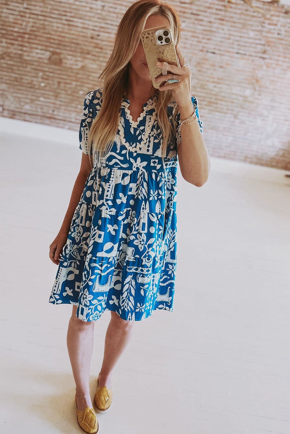 image-Blue Ricrac Trim Split Neck Floral Loose Dress