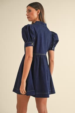 image-Dirty Blue Denim Dress - Collared Puff Sleeve Zip Front