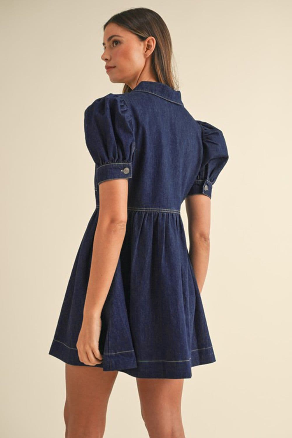 image-Dirty Blue Denim Dress - Collared Puff Sleeve Zip Front