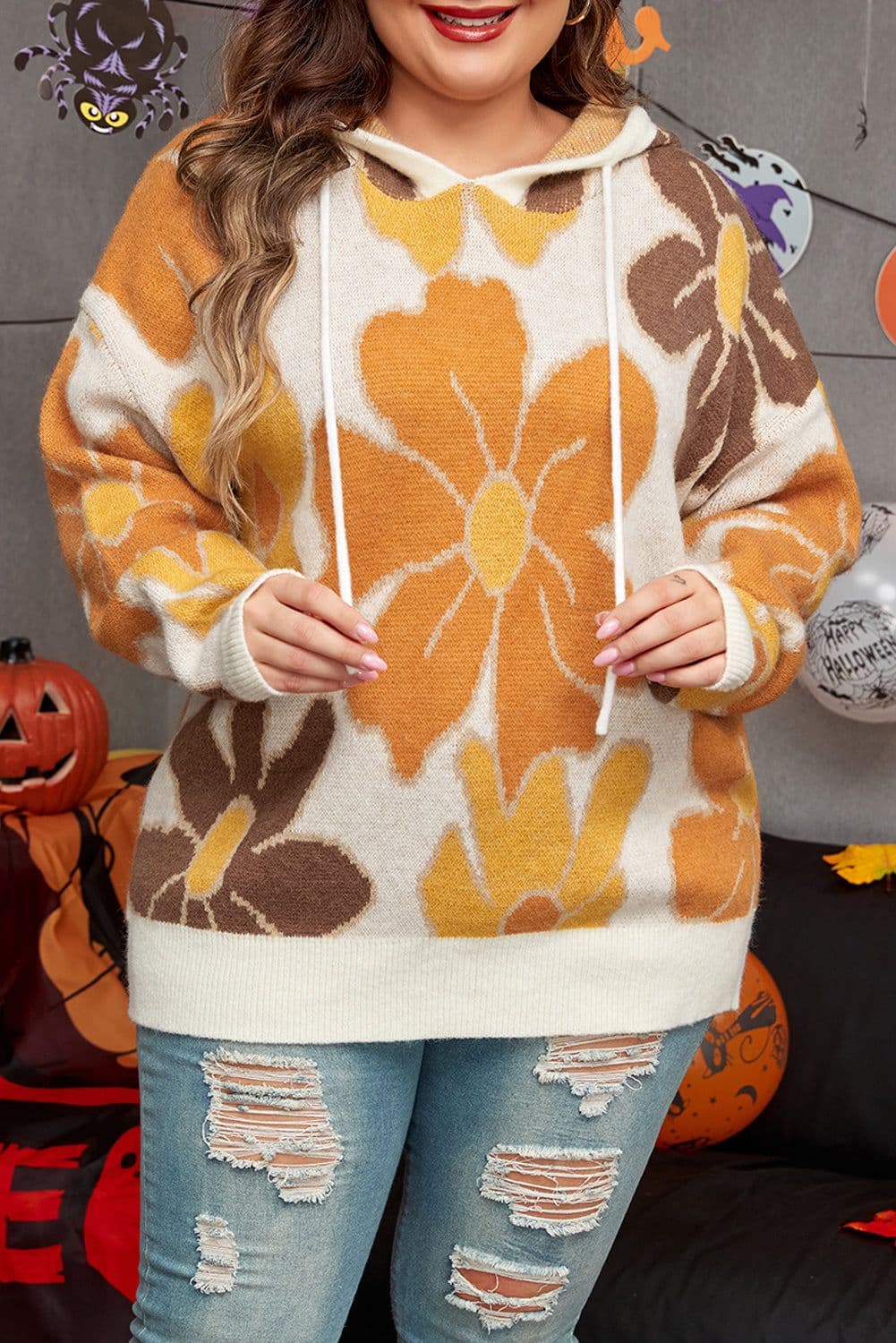 image-White Floral Knitted Hooded Plus Size Sweater
