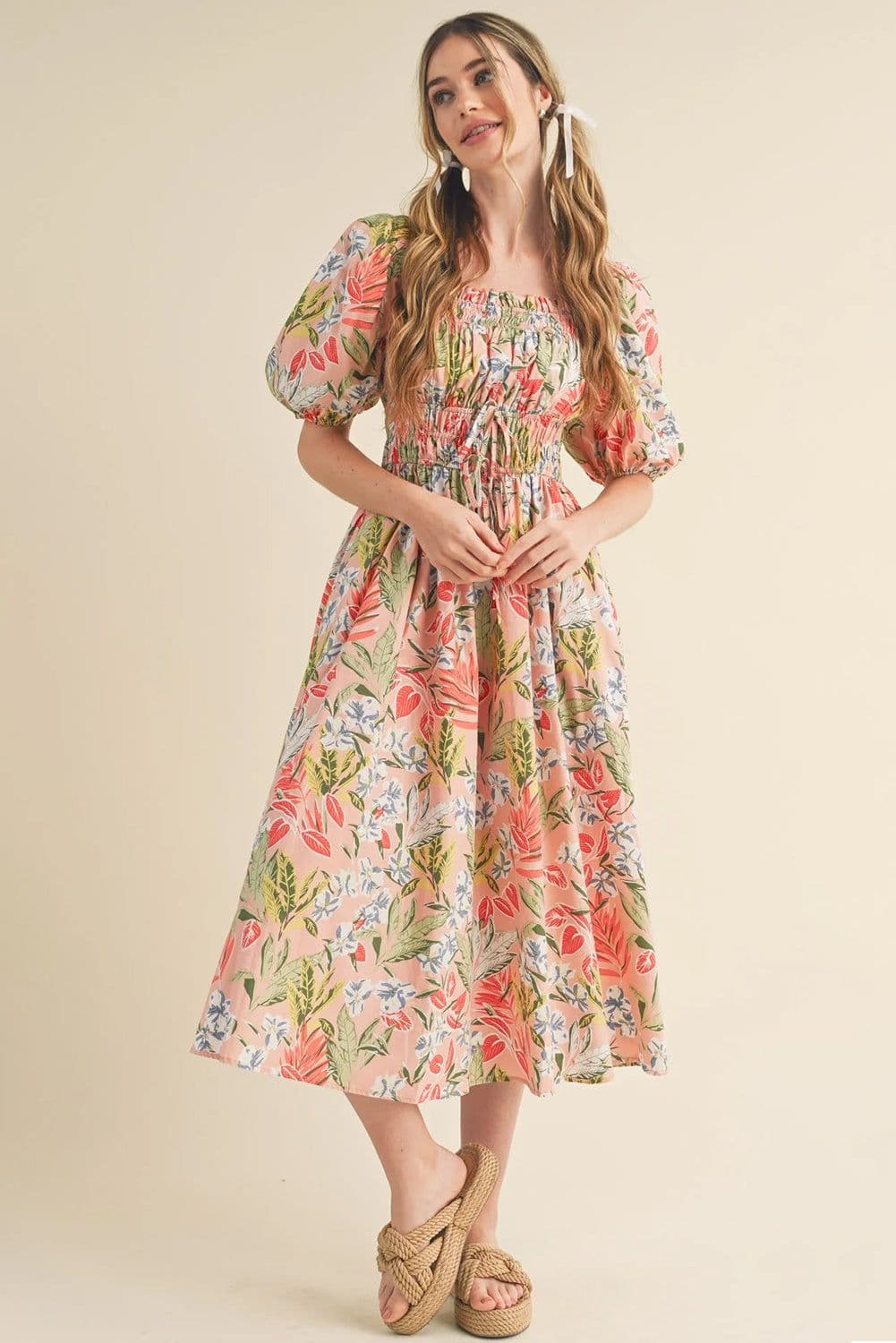 image-Apricot Pink Floral Smocked Bust Bubble Short Sleeve Maxi Dress