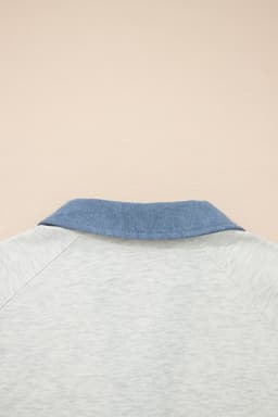 image-Light Grey Denim Patchwork Polo Top - Long Sleeve