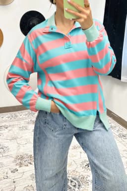 image-Pink Stripe Colorblock Drop Shoulder Pullover Top