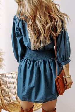 image-Prussian Blue Shirred High Waist Mini Dress - 3/4 Sleeves