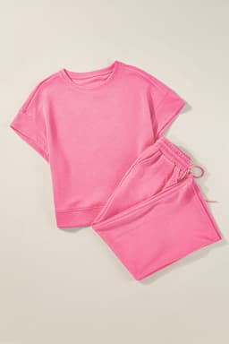 image-Strawberry Pink Textured Loose Fit T Shirt and Drawstring Pants Set