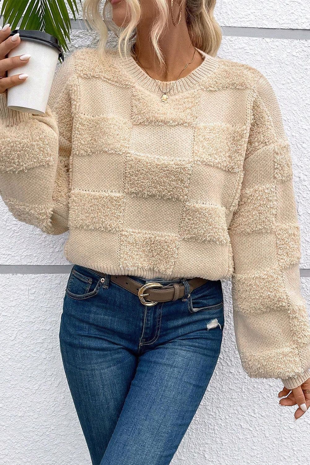 image-Checkered Sherpa Crew Neck Sweater - Parchment Loose Fit