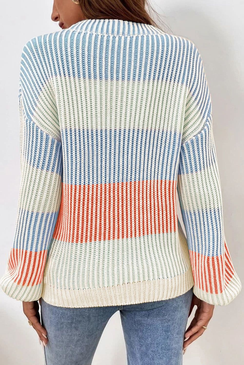 image-Textured Knit Colorblock Sweater - Bubble Sleeves - Brown