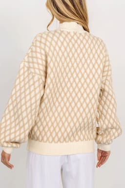 image-Oatmeal Diamond Knit Drop Shoulder Loose Sweater