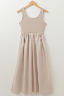 image-Beige Scoop Neck Ribbed Bodice Pleated Sleeveless Long Dress