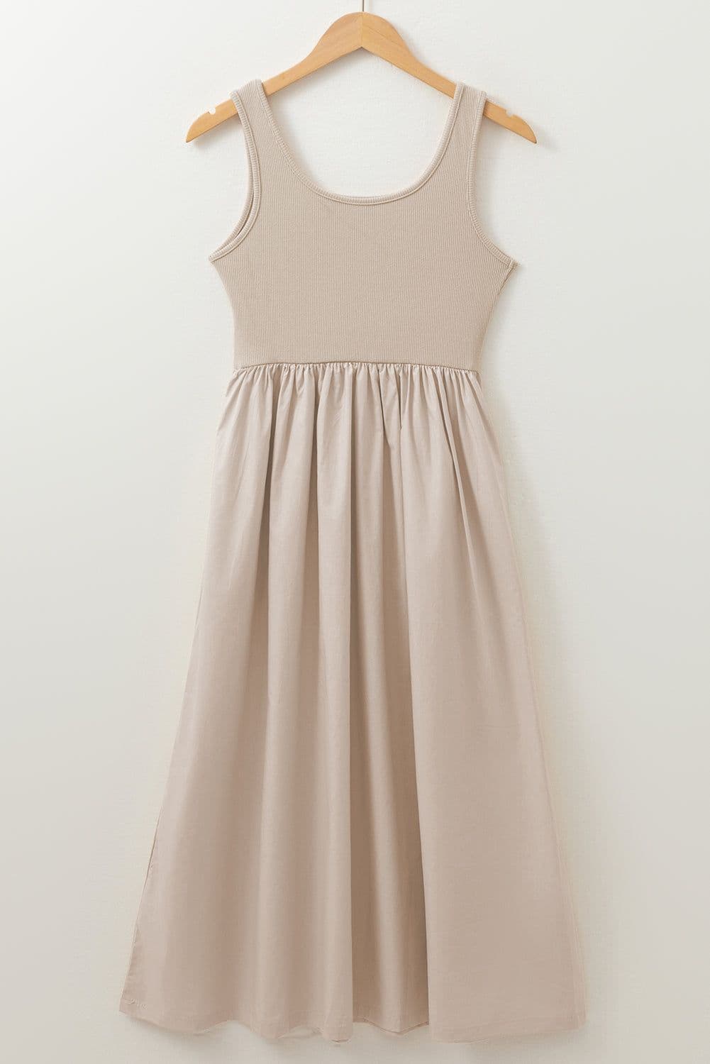 image-Beige Scoop Neck Ribbed Bodice Pleated Sleeveless Long Dress