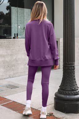 image-Black Solid Color Oversize Slit Sweatshirt Ribbed Leggings 2pcs Set