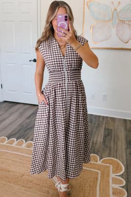 image-Coffee Plaid Print Full Zipper Cinched Waist Fit Flare Sleeveless Maxi Dress