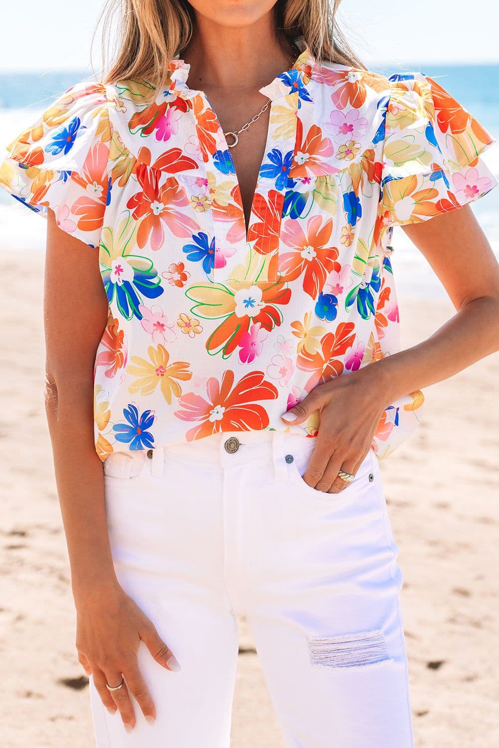 image-White Floral Bouquet Flutter Sleeve Top