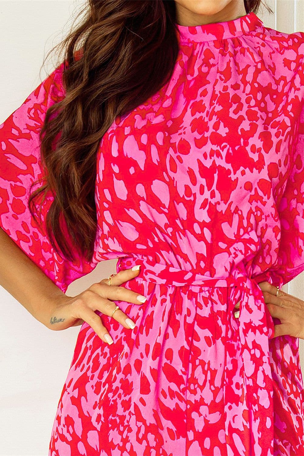 image-Leopard Print Wide Leg Jumpsuit - Rose Belted Loose Fit