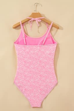 image-Pink Flower Texture Halterneck Spaghetti Straps Swimsuit