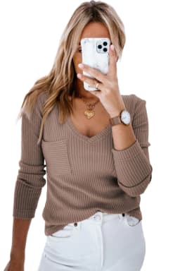 image-Khaki Ribbed Knit V Neck Top Chest Pocket