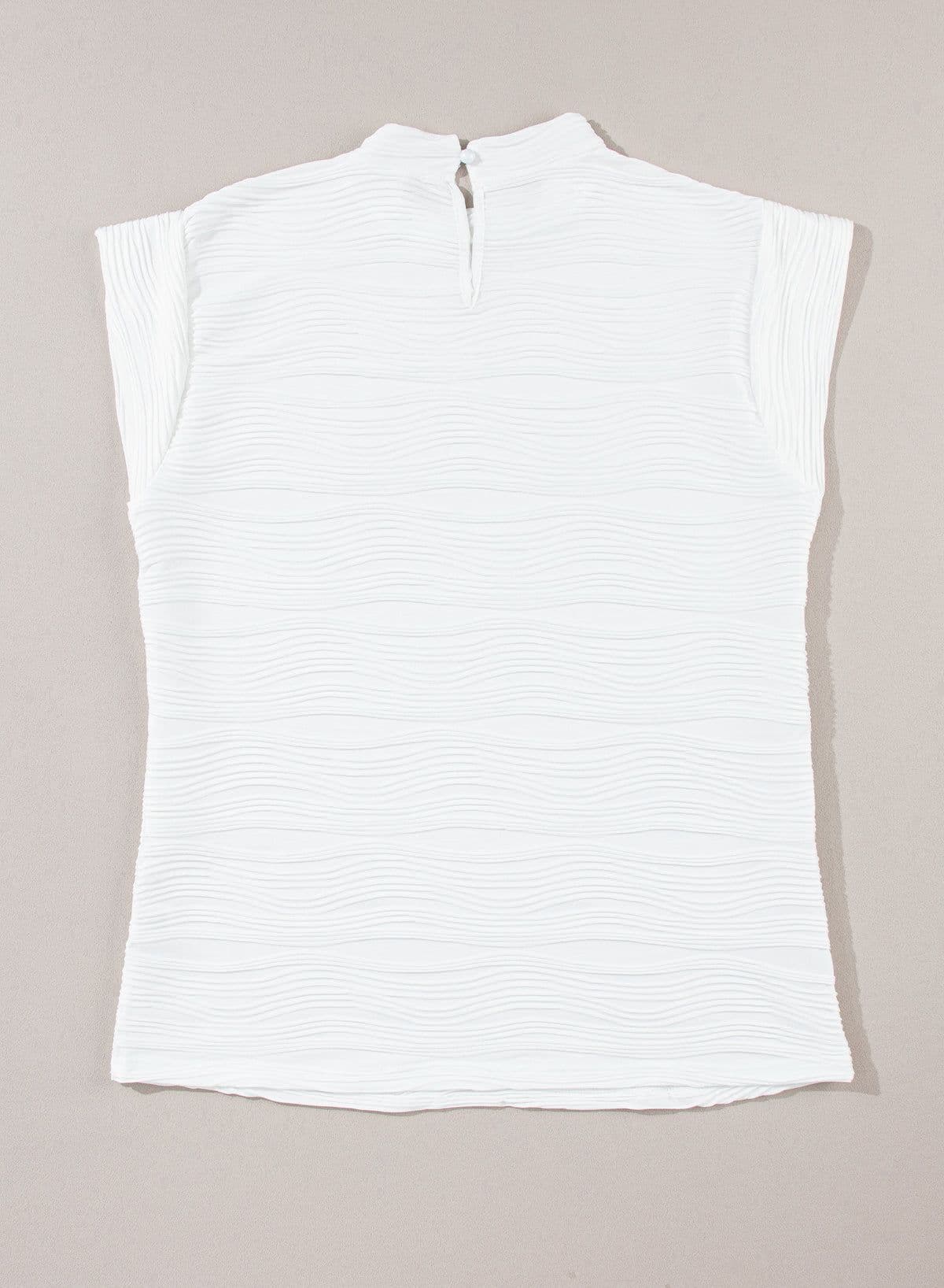 image-White Wavy Textured Mock Neck Cap Sleeve Top