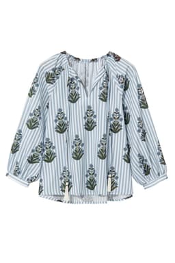 image-Beau Floral Striped Long Sleeve V Neck Blouse - Blue