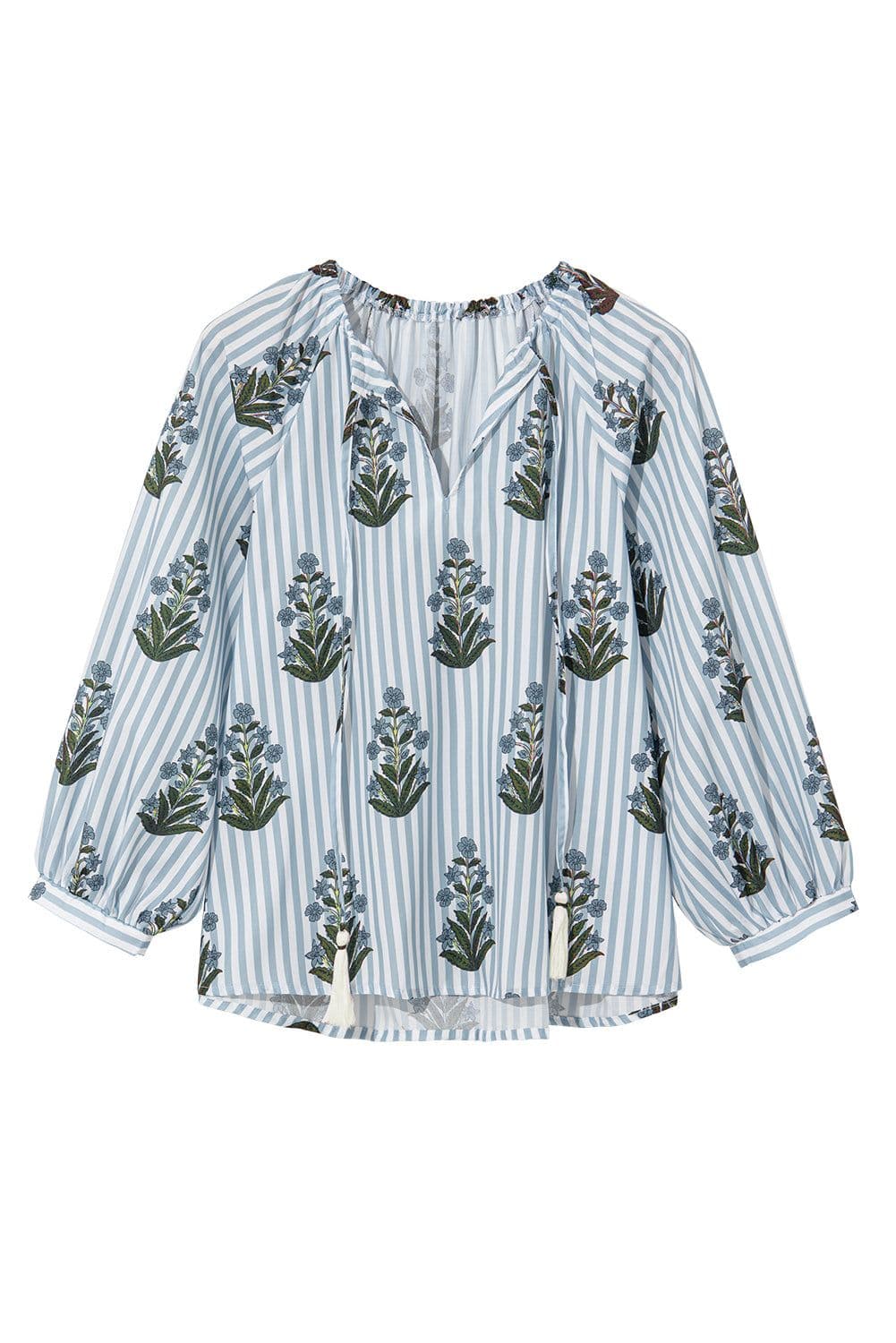 image-Beau Floral Striped Long Sleeve V Neck Blouse - Blue