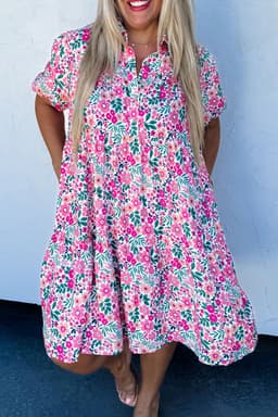 image-Pink Plus Size Floral Puff Sleeve A-Line Dress