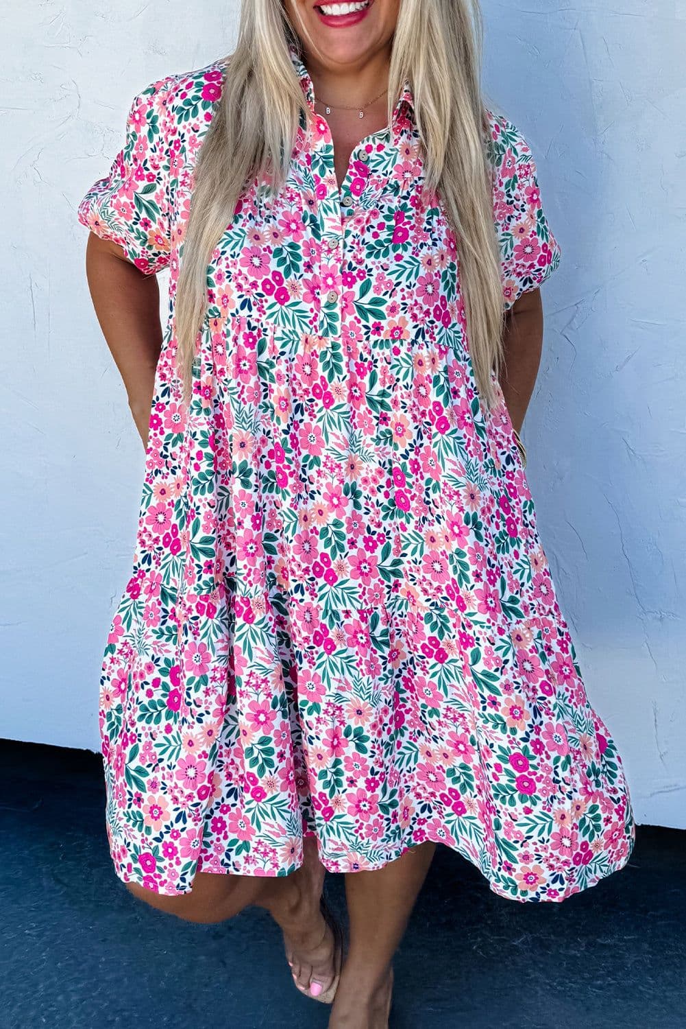 image-Pink Plus Size Floral Puff Sleeve A-Line Dress