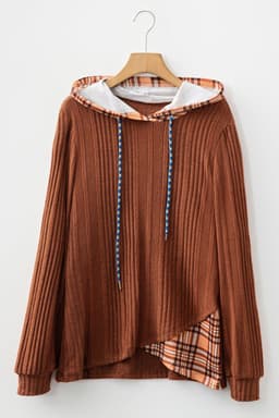image-Chestnut Plaid Patchwork Ribbed Knit Hooded Top