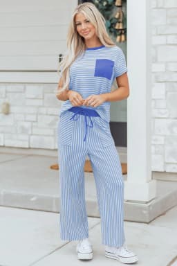 image-Khaki Stripe Crew Neck Tee Drawstring Waist Cropped Pants Set