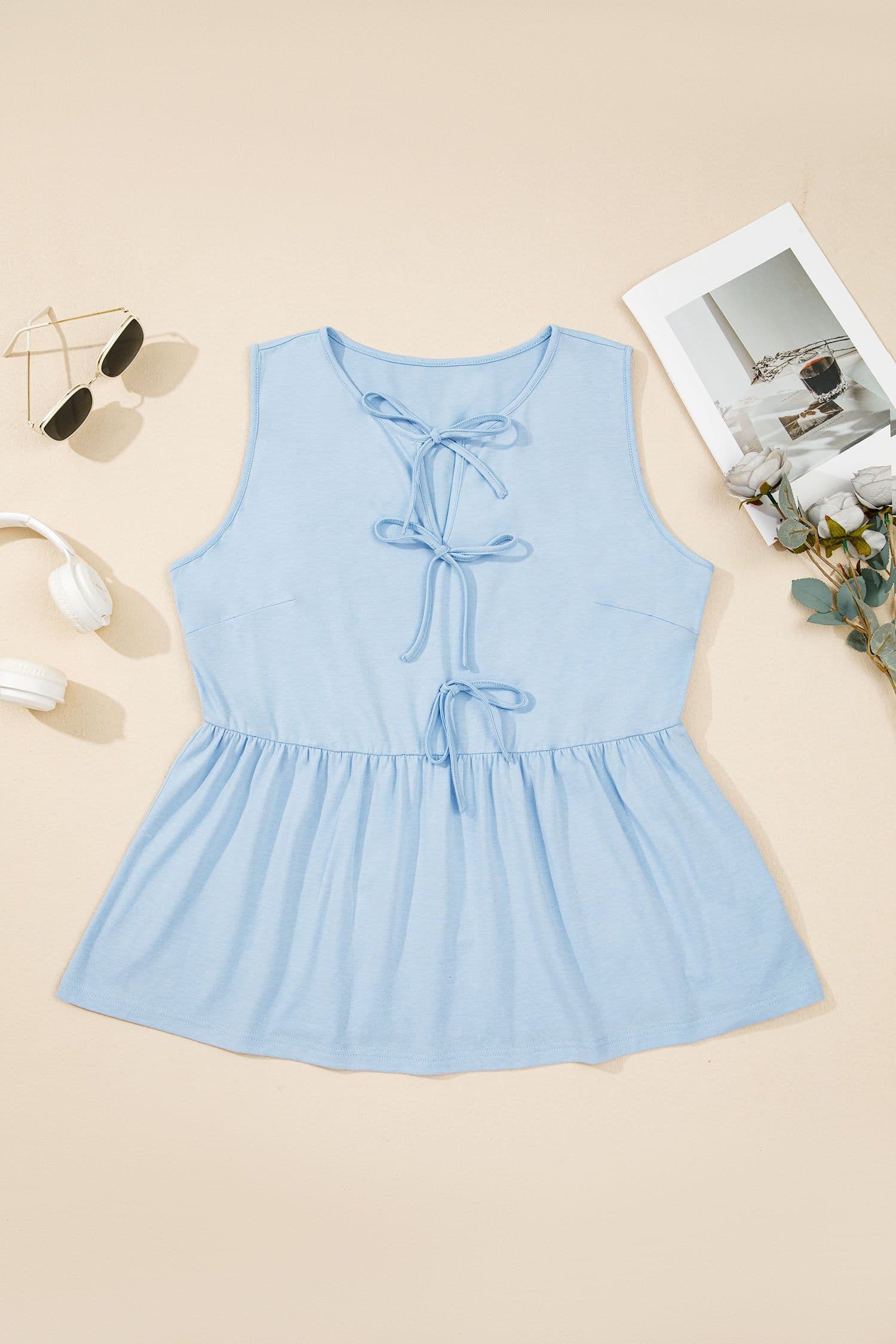 image-Coffee Plus Size Solid Color Bow Tie Peplum Tank Top