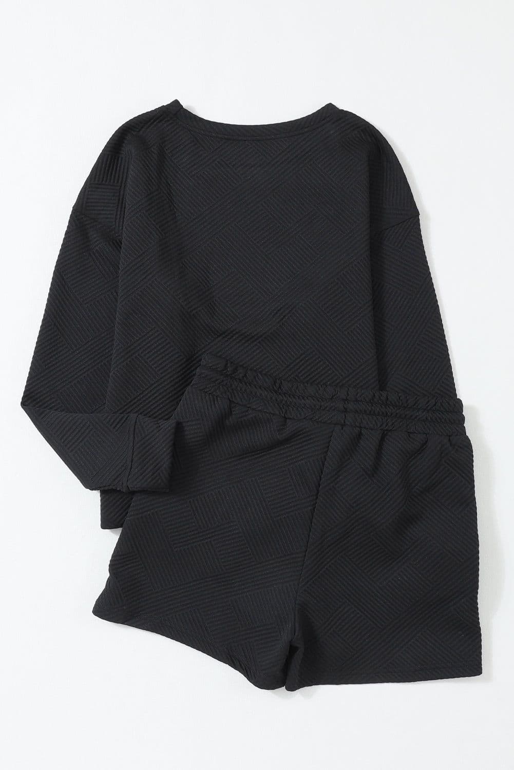 image-Textured Long Sleeve Top & Drawstring Shorts Set - Green