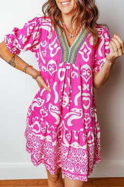 image-Boho Mixed Print V Neck Flared Dress - Short Sleeve - Contrast Trim