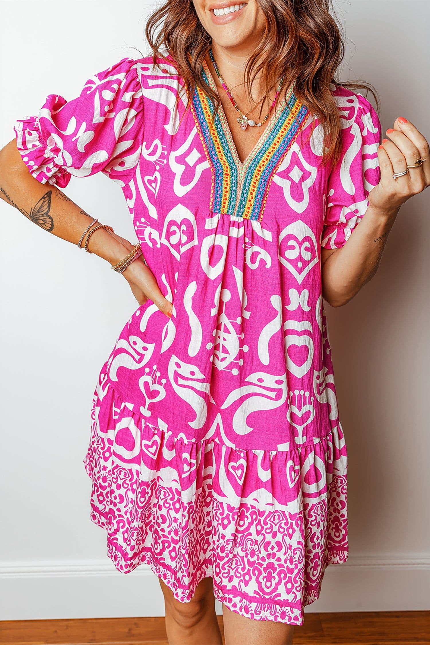 image-Boho Mixed Print V Neck Flared Dress - Short Sleeve - Contrast Trim