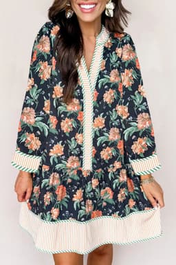 image-Blue Floral Print Striped Trim V Neck Long Sleeve Ruffle Hem Shift Mini Dress