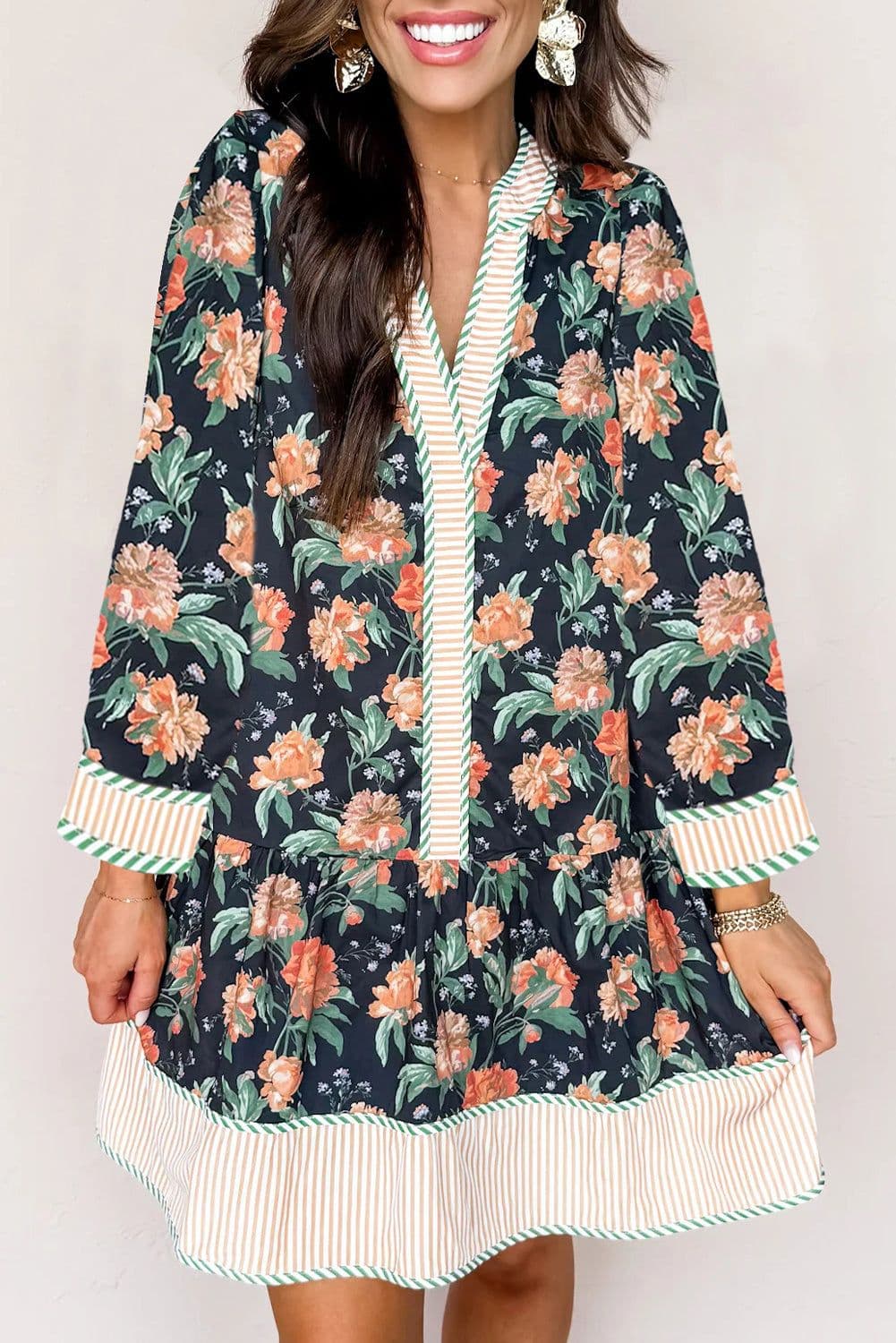 image-Blue Floral Print Striped Trim V Neck Long Sleeve Ruffle Hem Shift Mini Dress