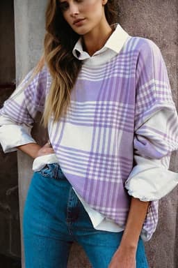 image-Lilac Plaid Print Ribbed Trim Loose Sweater