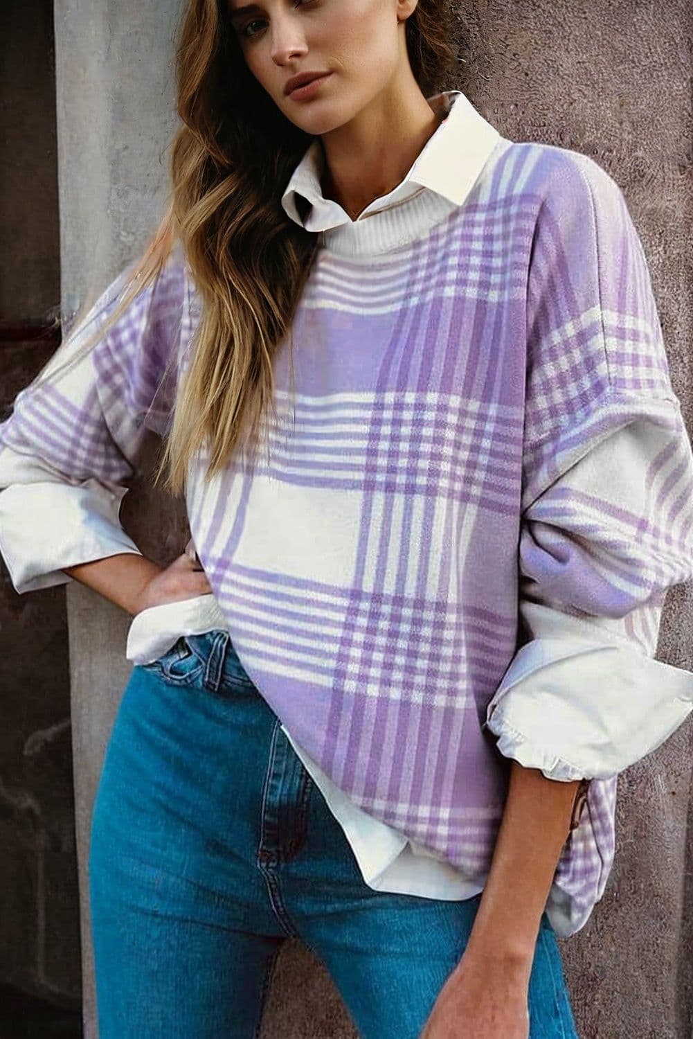 image-Lilac Plaid Print Ribbed Trim Loose Sweater