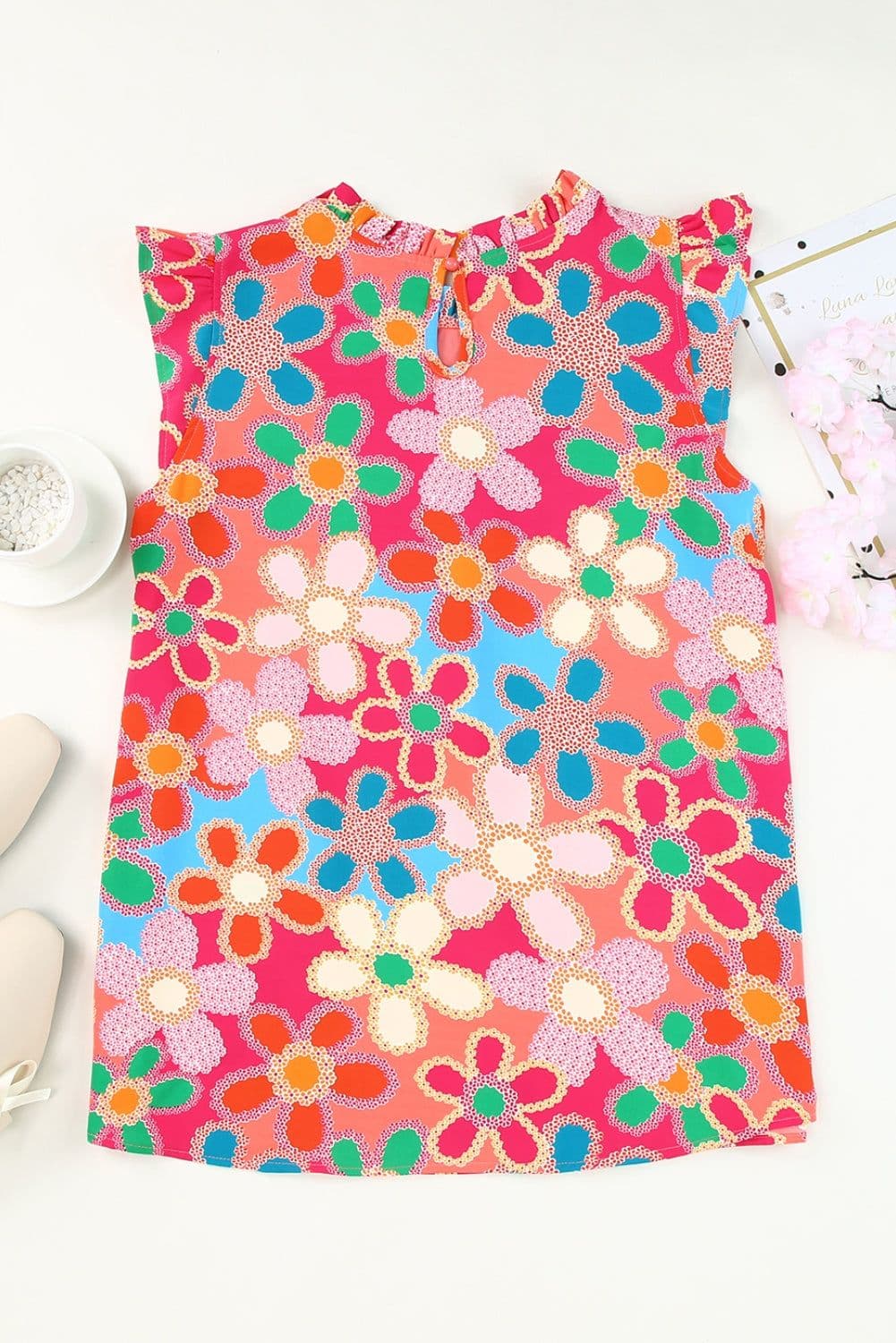 image-Rose Embroidered Floral Print Ruffle Trim Tank Top