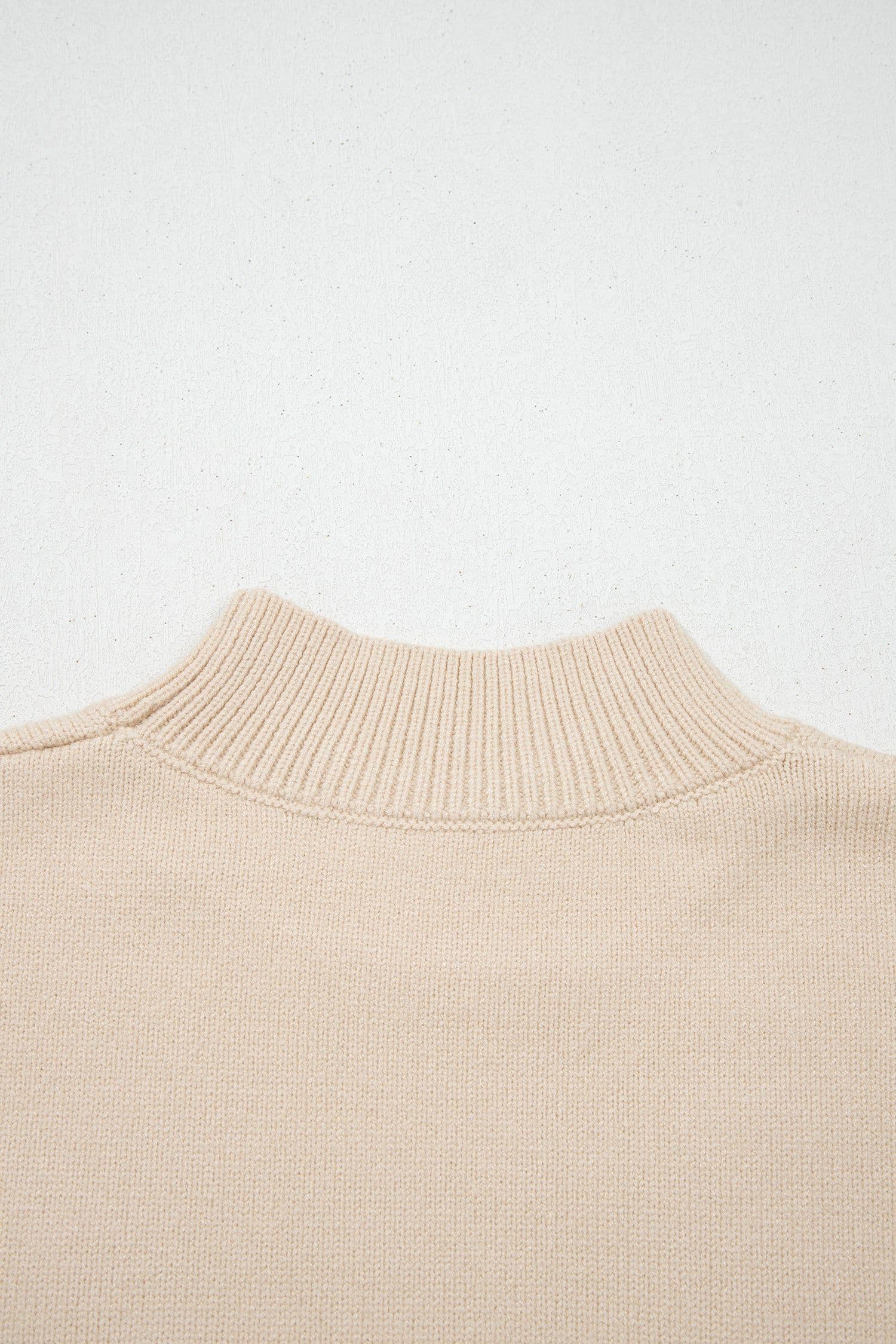 image-Parchment Corded Horseshoes Ribbed Trim Mock Neck Short Sleeve Sweater