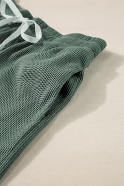 image-Mist Green Waffle Knit Tank & Shorts Set with Patched Pockets & Drawstring