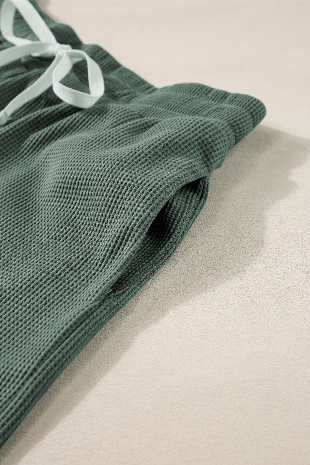 image-Mist Green Waffle Knit Tank & Shorts Set with Patched Pockets & Drawstring