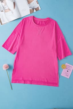 image-Dark Blue Longline Top - Short Sleeve Side Slit